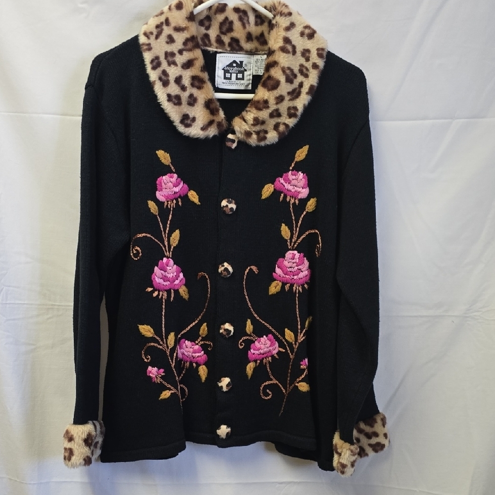 Storybook Knits Black Cardigan with Pink Embroidery and Leopard Trim - Picture 2 of 9